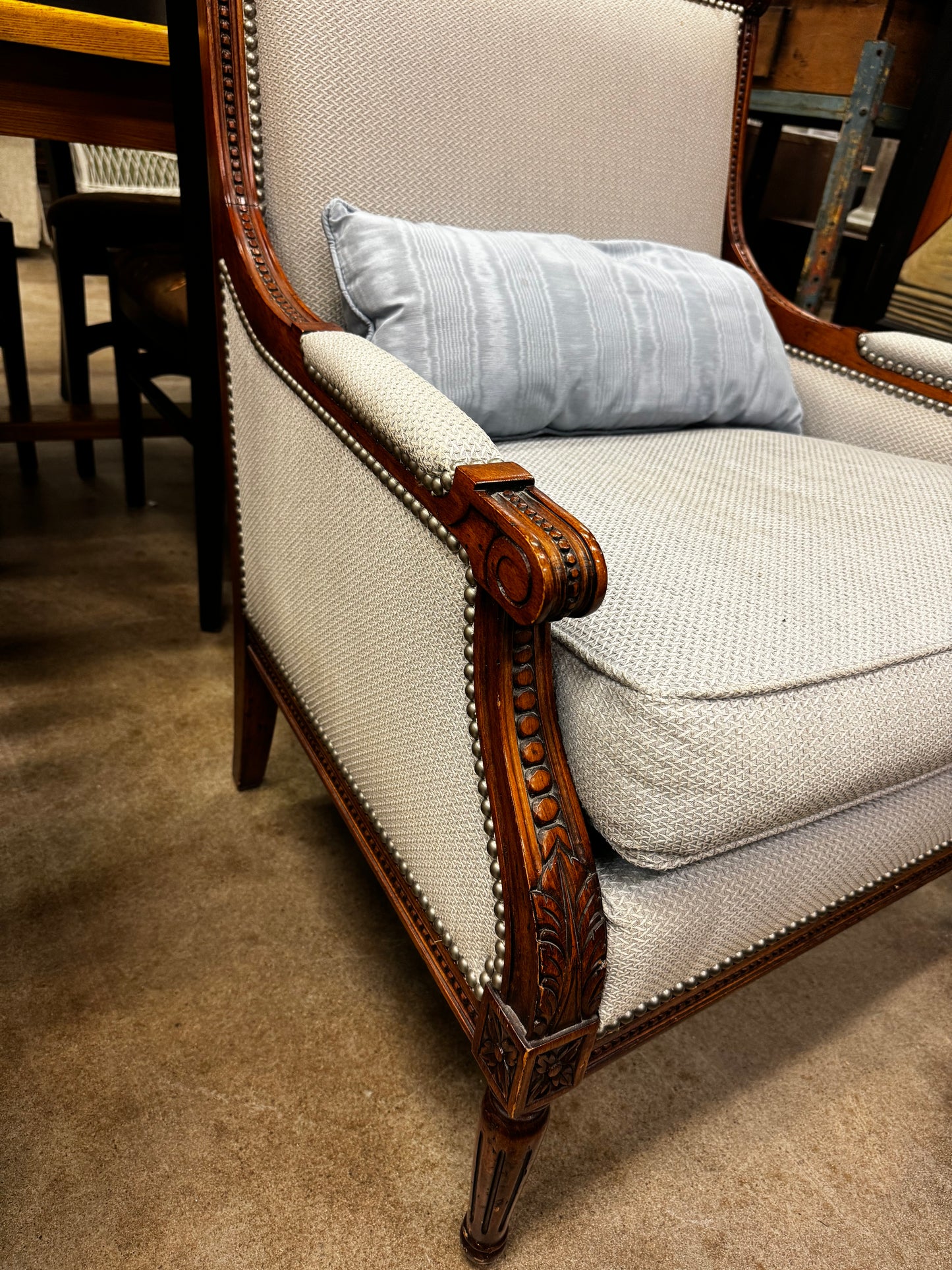 Powder Blue Upholstered Chair w/Wood Accents
