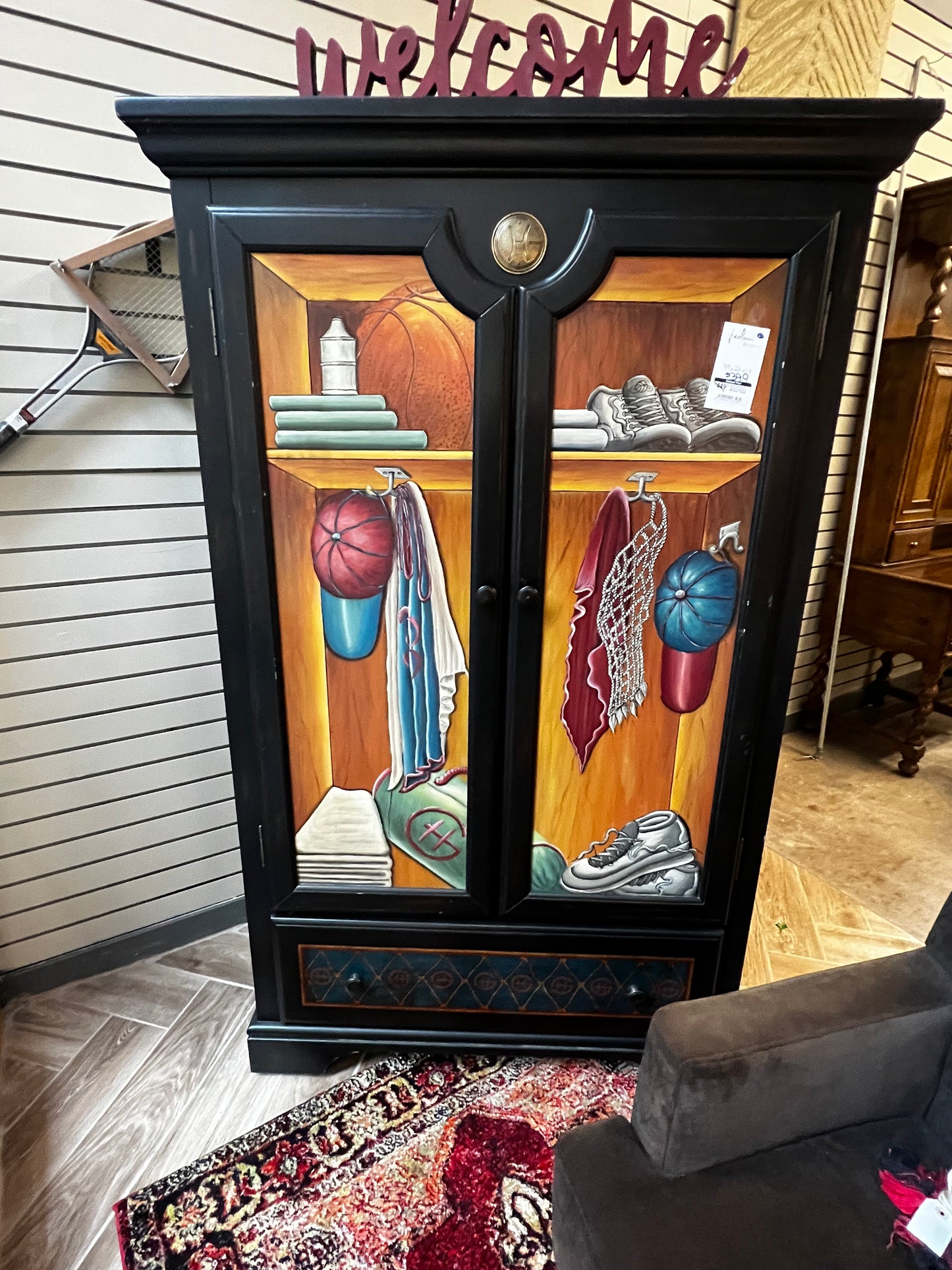 Black Decorative Painted Armoire inBasketball Theme