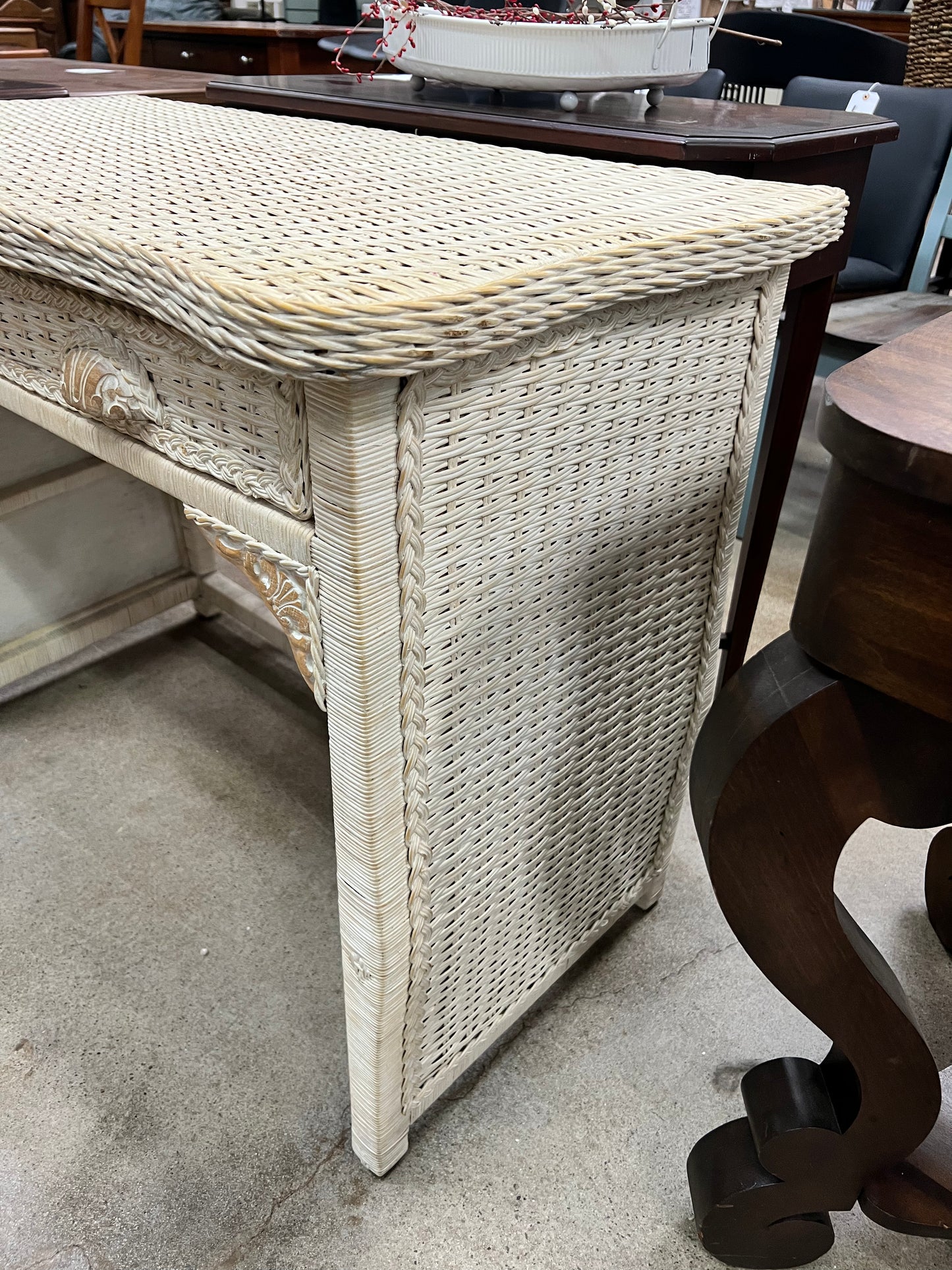 Cream Wicker Desk w/ 2 Drawers