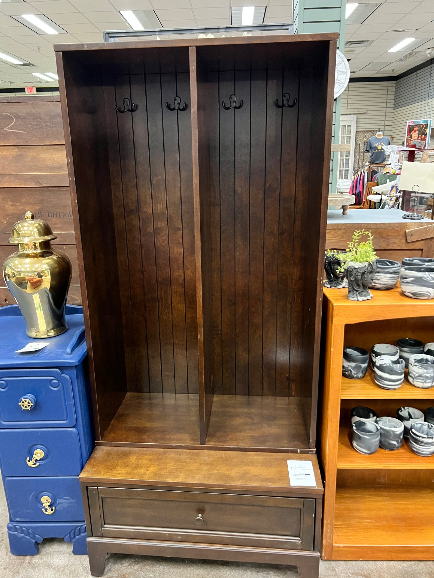 Dark Wood Hall Tree Cubby w/ Drawer