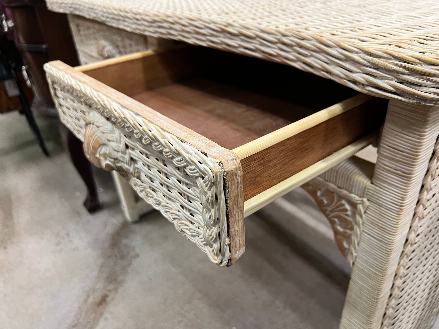 Cream Wicker Desk w/ 2 Drawers