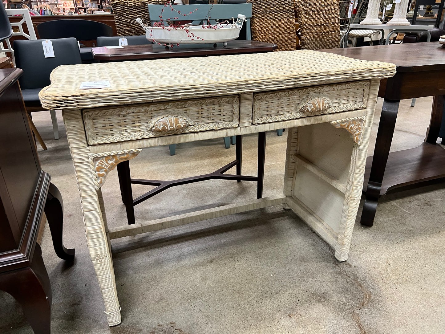 Cream Wicker Desk w/ 2 Drawers
