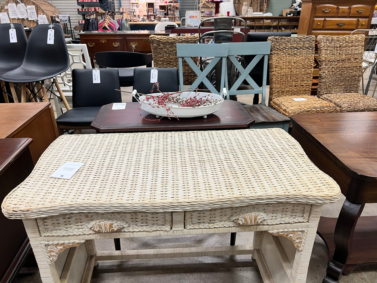 Cream Wicker Desk w/ 2 Drawers