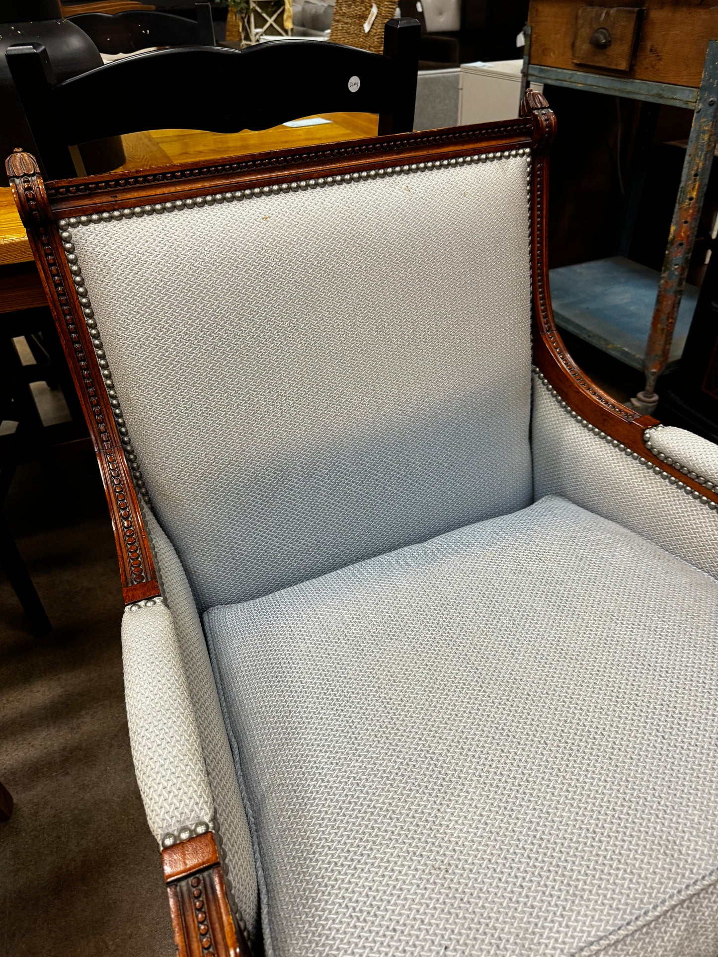 Powder Blue Upholstered Chair w/Wood Accents